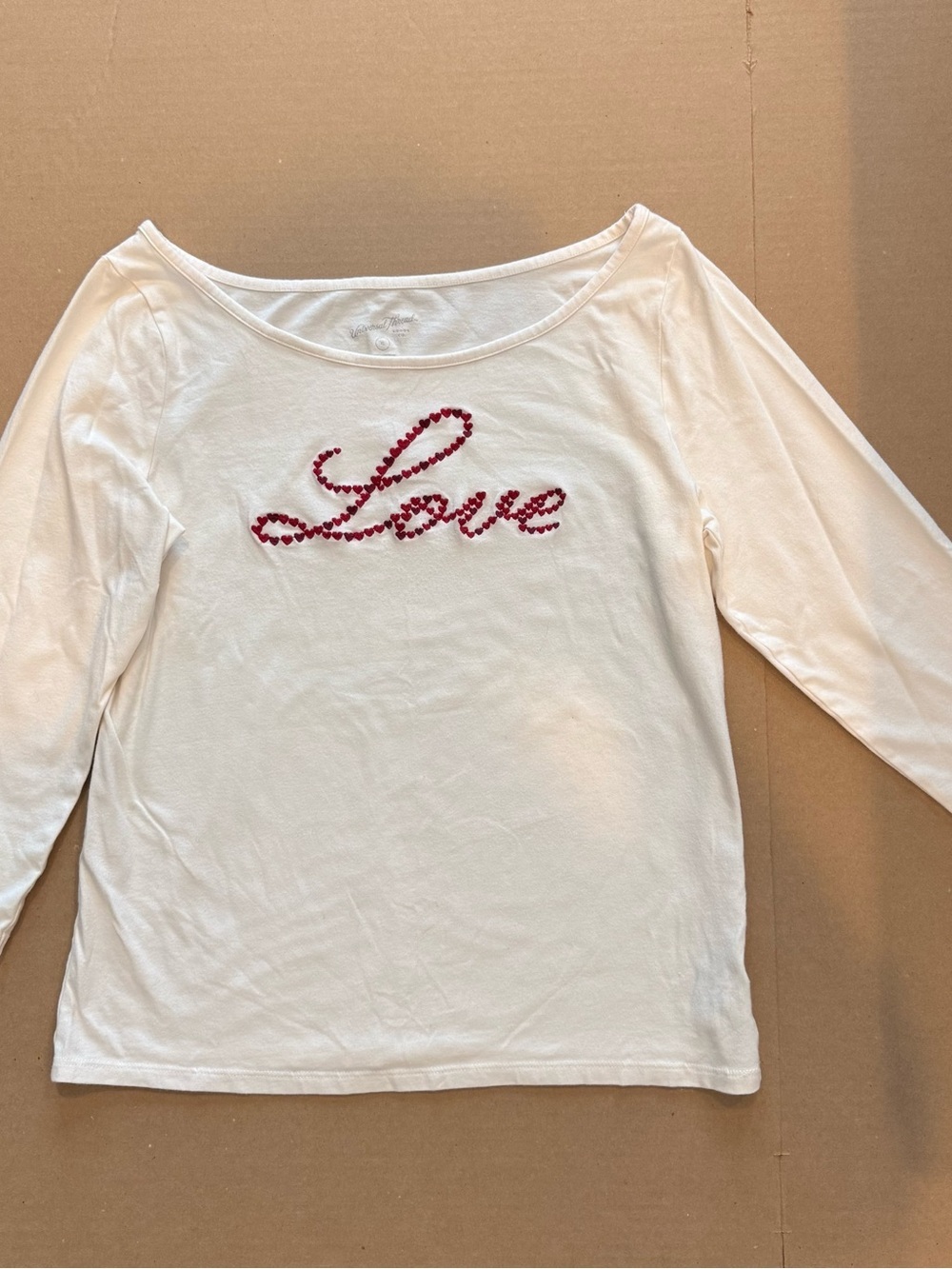 Universal Thread White Long Sleeve Scoop Neck Top with Red 'Love' Embellishment